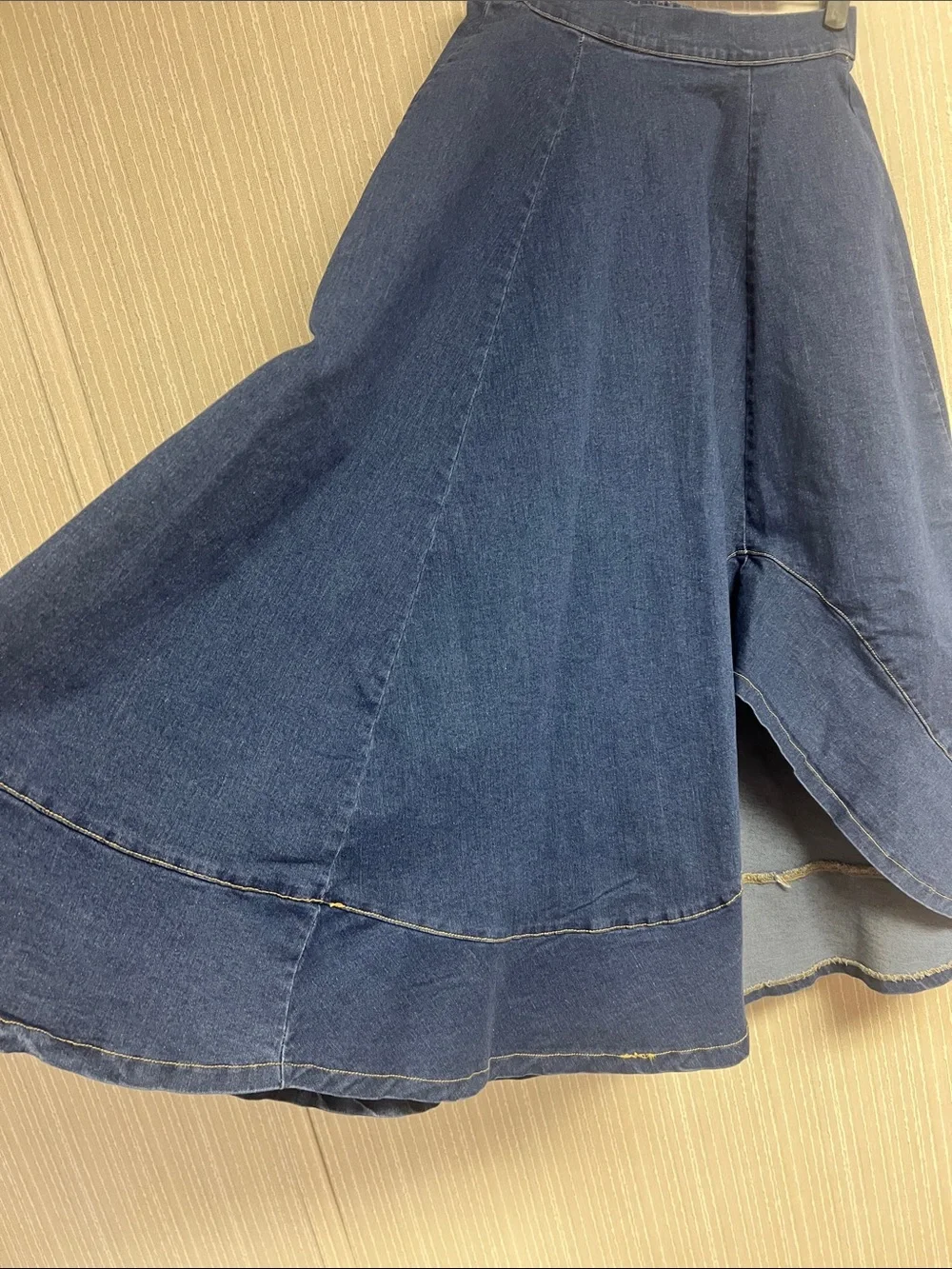 S Flying Tomato Dark Blue Paneled Denim Midi Skirt